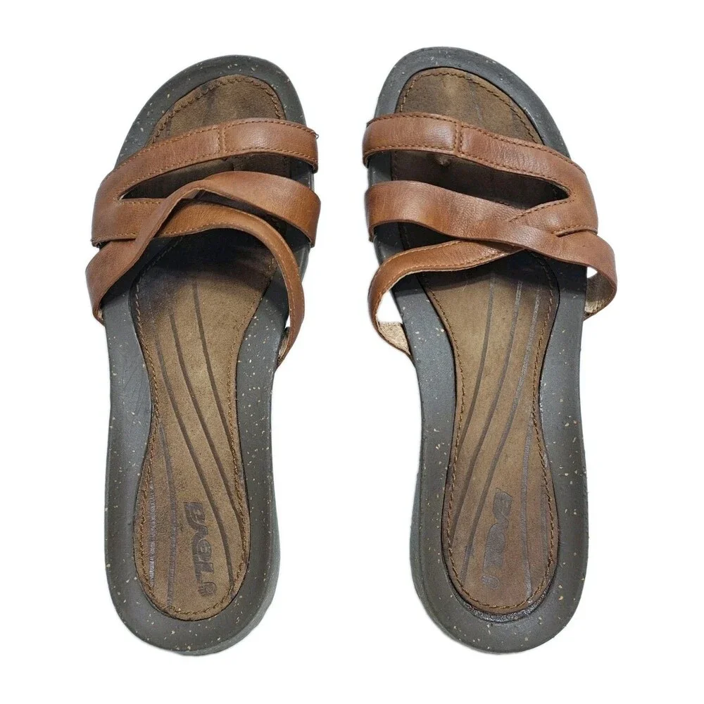 Teva Brown Leather Strap Sandals Womens Size 9 Strappy Beach Pool Flip Flops